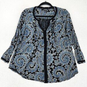 Lucky Brand Shirt Womens Medium Blue Paisley V Neck Long Sleeve Top Boho